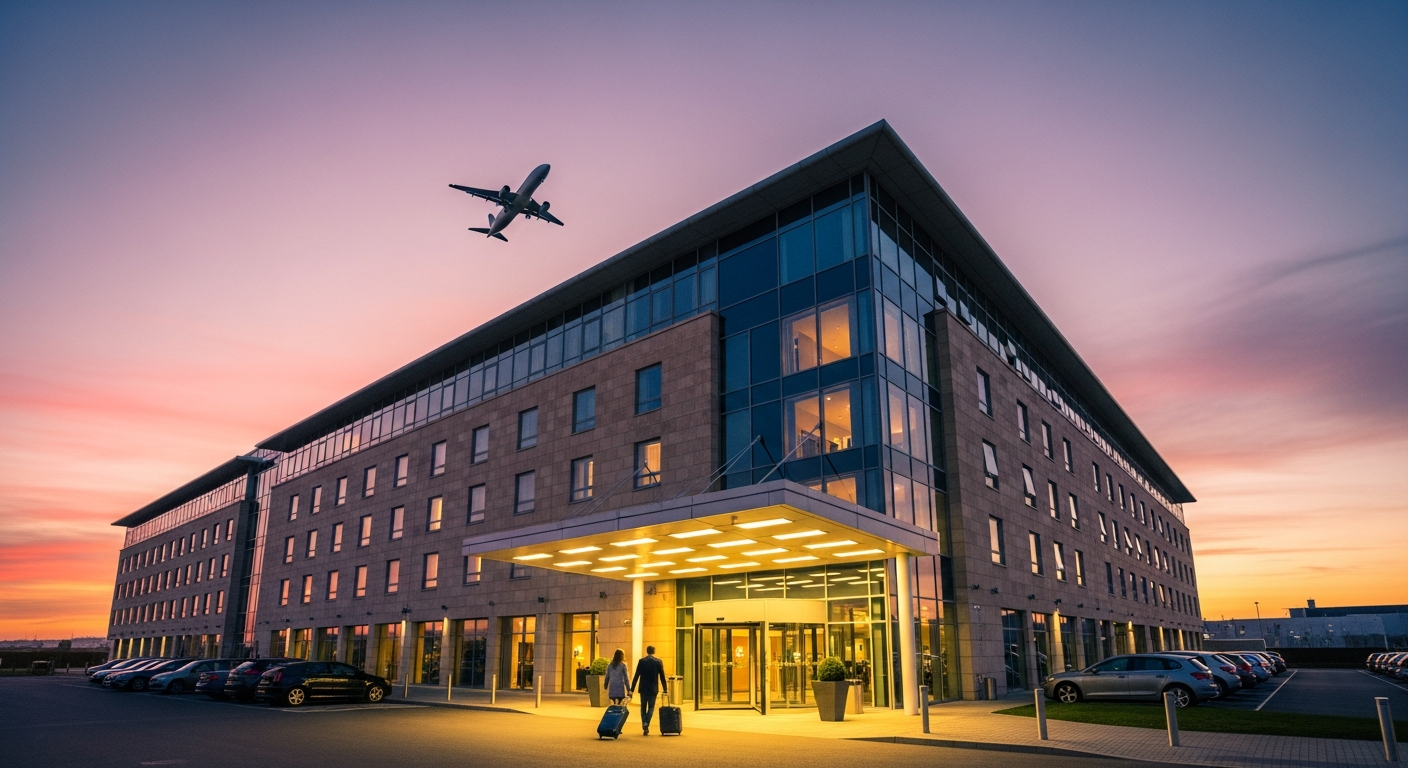 Modern airport hotel at dusk with travellers arriving and a plane taking off in the background