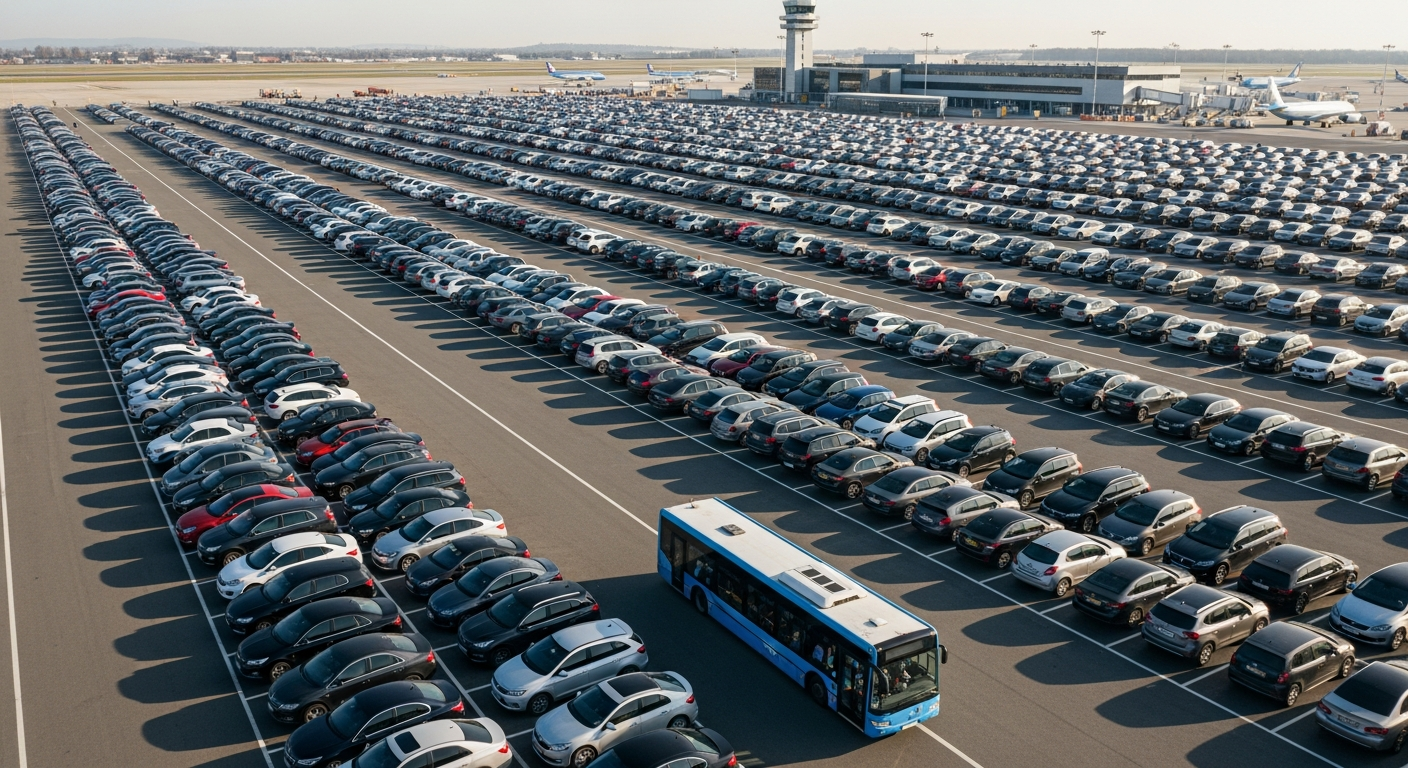 Aerial view of a large long-stay airport car park with shuttle bus