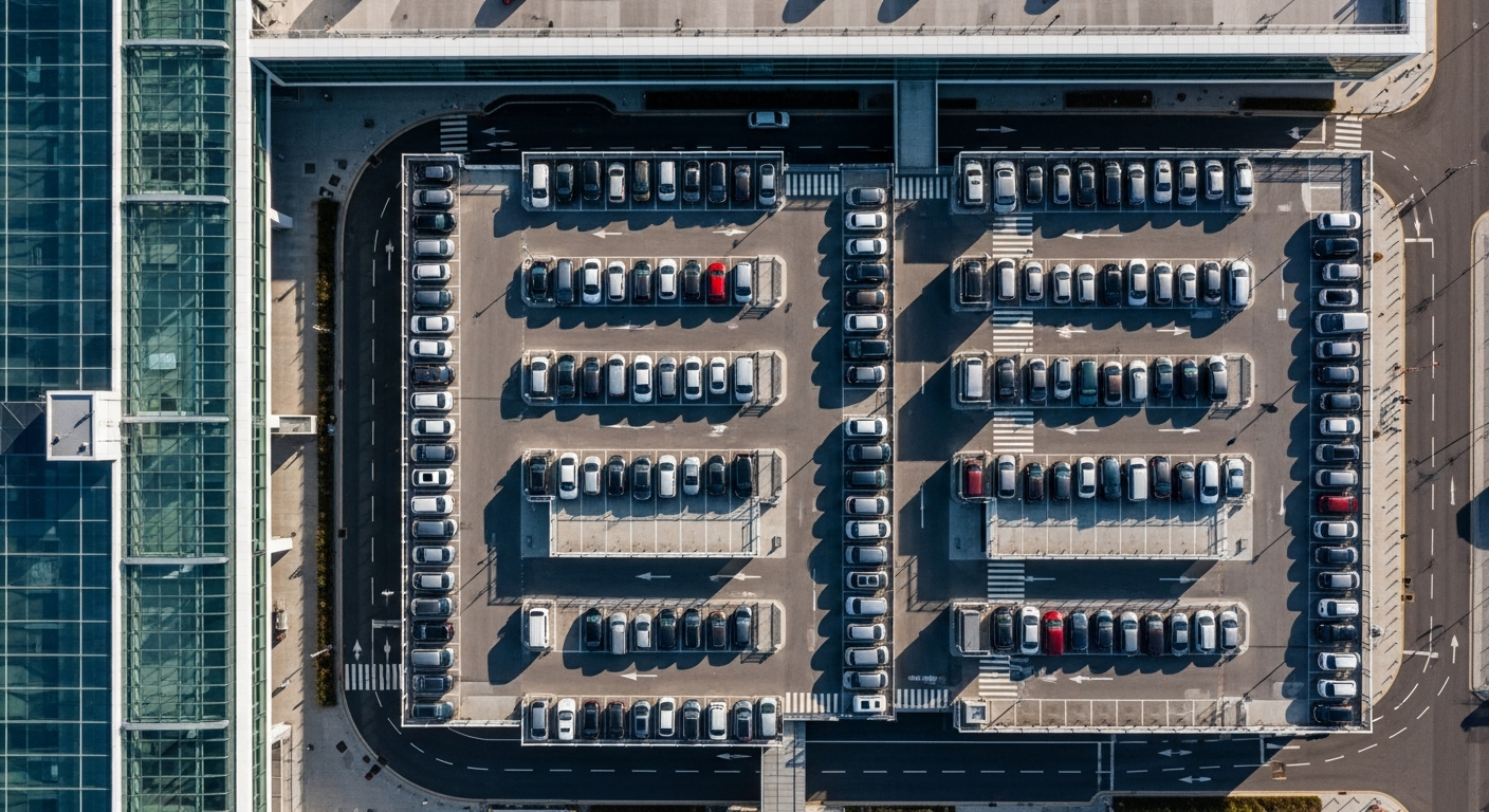 Aerial view of an airport short-stay car park next to the terminal